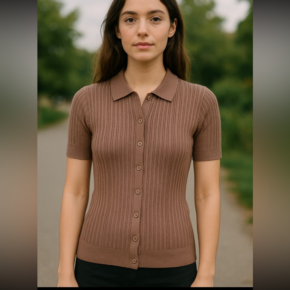 Brass Taupe Ribbed Knit Polo minimalist Short Sleeve Sweater Top Sz S